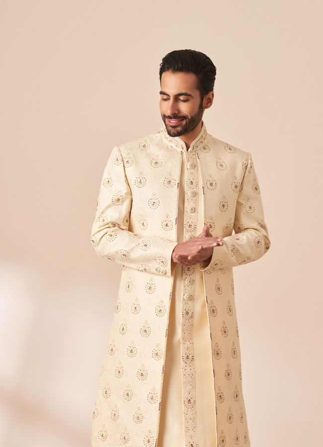 Cream Jacket Style Sherwani with All Over work image number 0